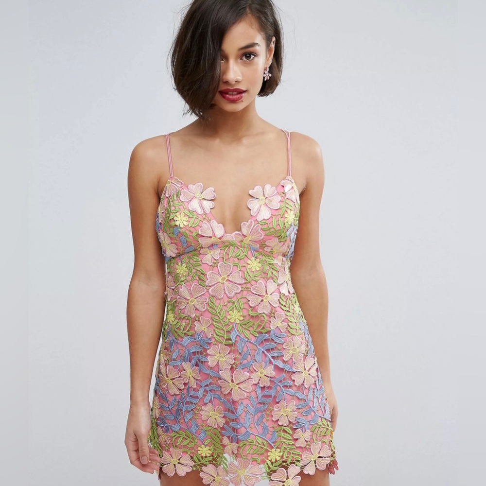 Asos 4 Salon 3D Applique Super Mini Floral Guipure Embroidered Lace Dress Pink - Picture 12 of 16